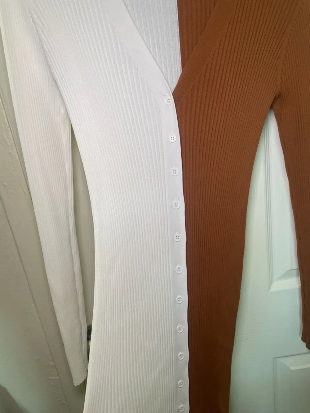 STAUD Two-Tone Ribbed Button-Front Midi Dress/Cardigan - White & Brown - Picture 4 of 5